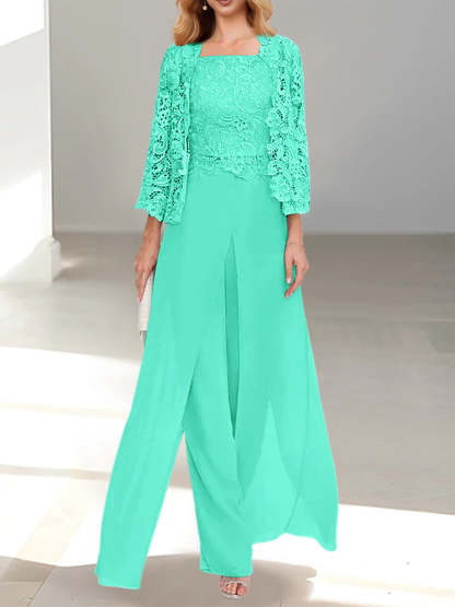 Floor-Length Square Neck Chiffon Mother of the Bride Pantsuit with Jacket & Side Split