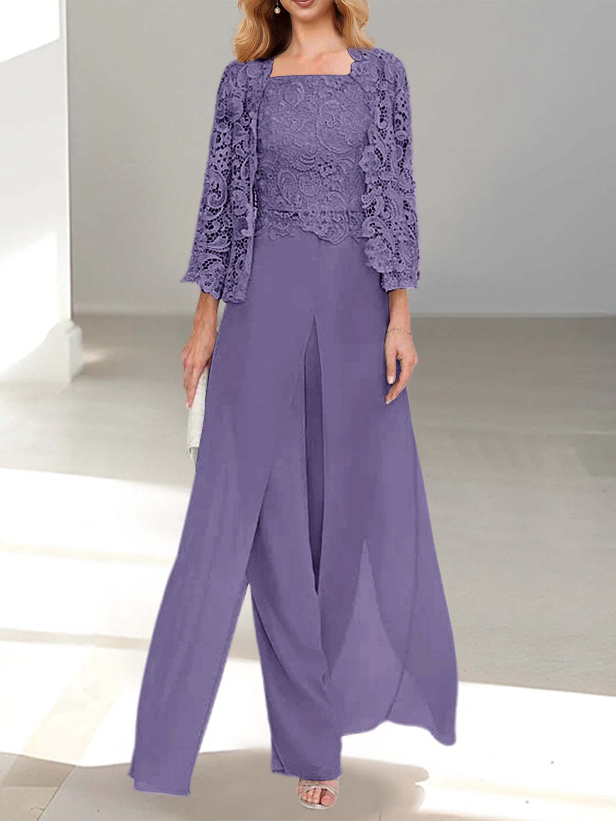Floor-Length Square Neck Chiffon Mother of the Bride Pantsuit with Jacket & Side Split