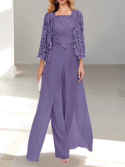 Floor-Length Square Neck Chiffon Mother of the Bride Pantsuit with Jacket & Side Split
