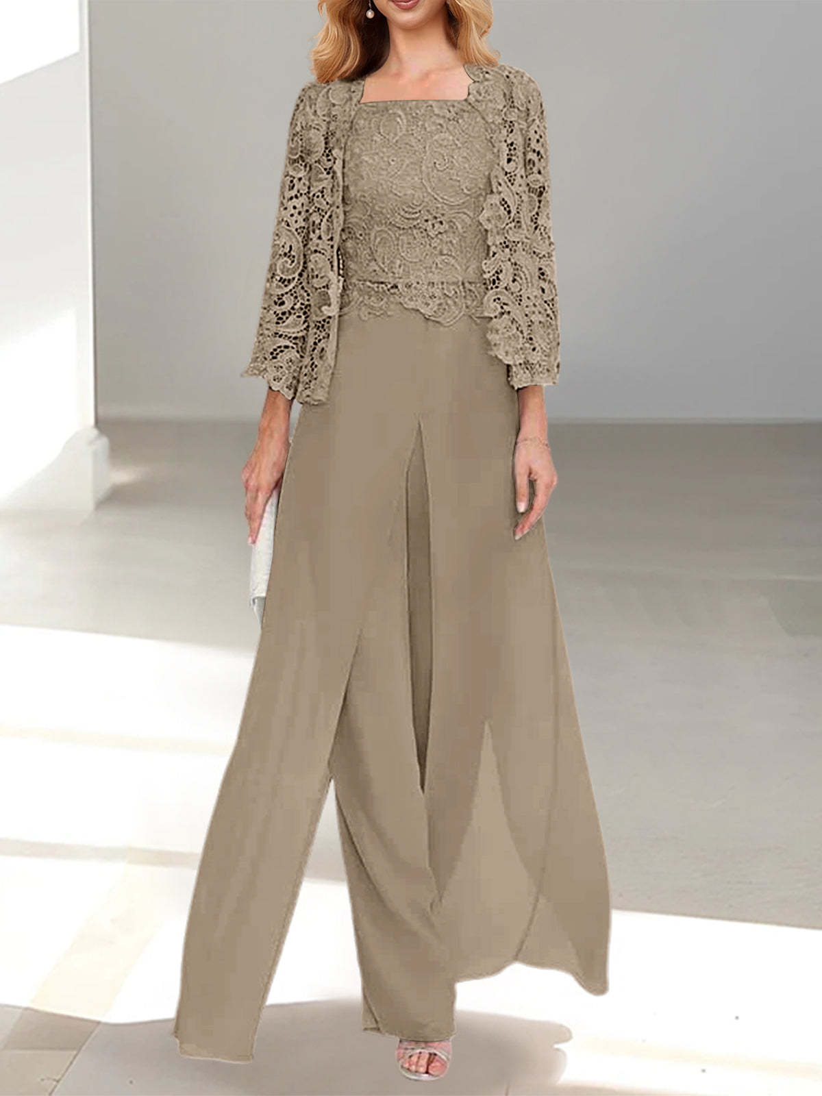 Floor-Length Square Neck Chiffon Mother of the Bride Pantsuit with Jacket & Side Split