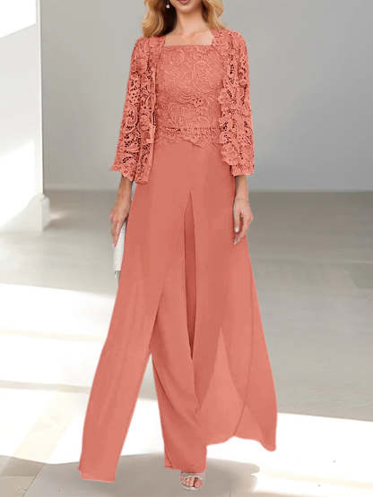 Floor-Length Square Neck Chiffon Mother of the Bride Pantsuit with Jacket & Side Split