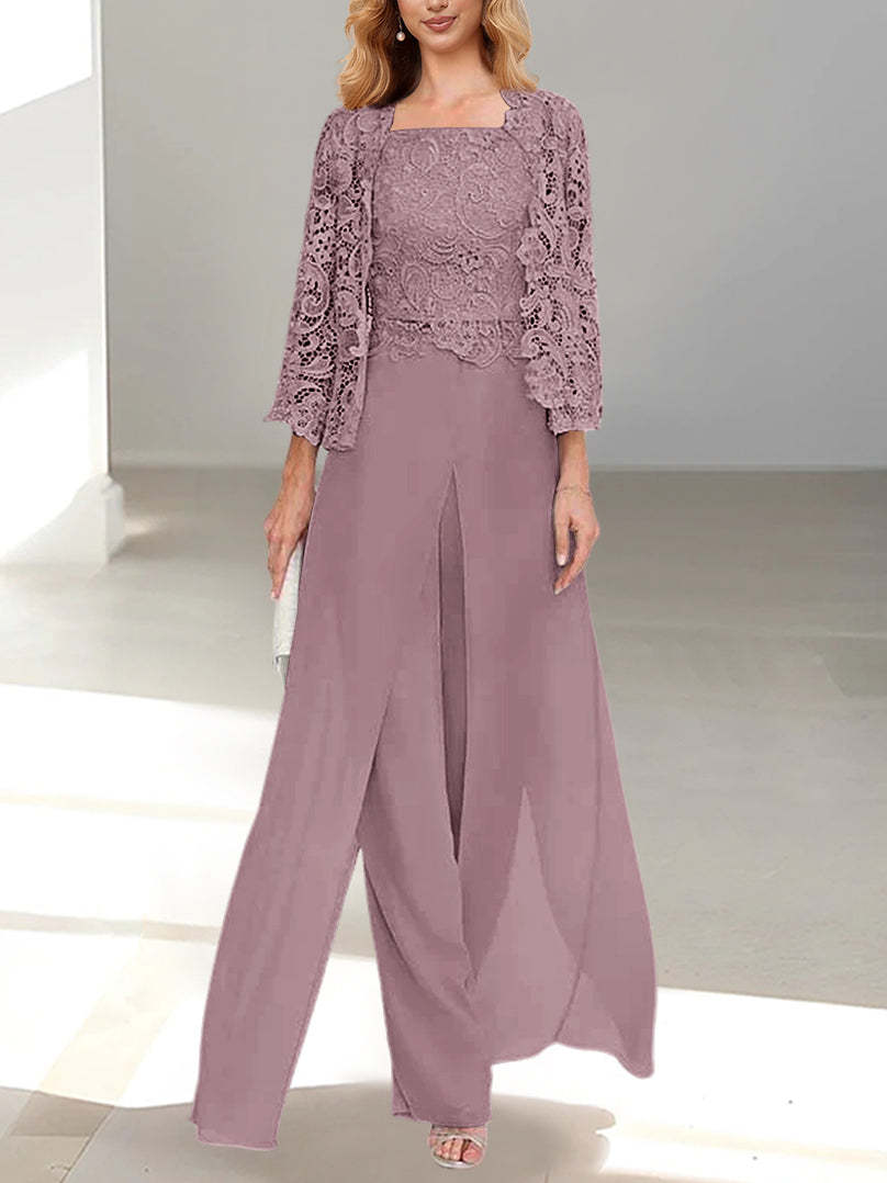 Floor-Length Square Neck Chiffon Mother of the Bride Pantsuit with Jacket & Side Split