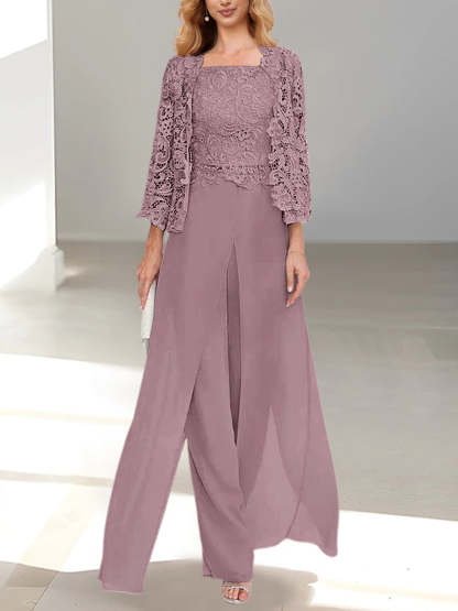 Floor-Length Square Neck Chiffon Mother of the Bride Pantsuit with Jacket & Side Split