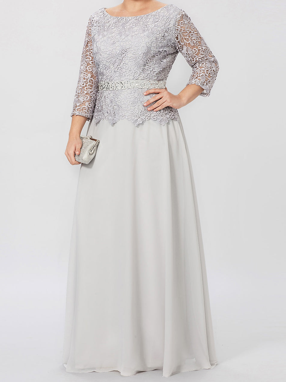 Floor-Length A-Line Princess Gown with Round Neck and 3/4 Sleeves Embellished with Applique & Sequins
