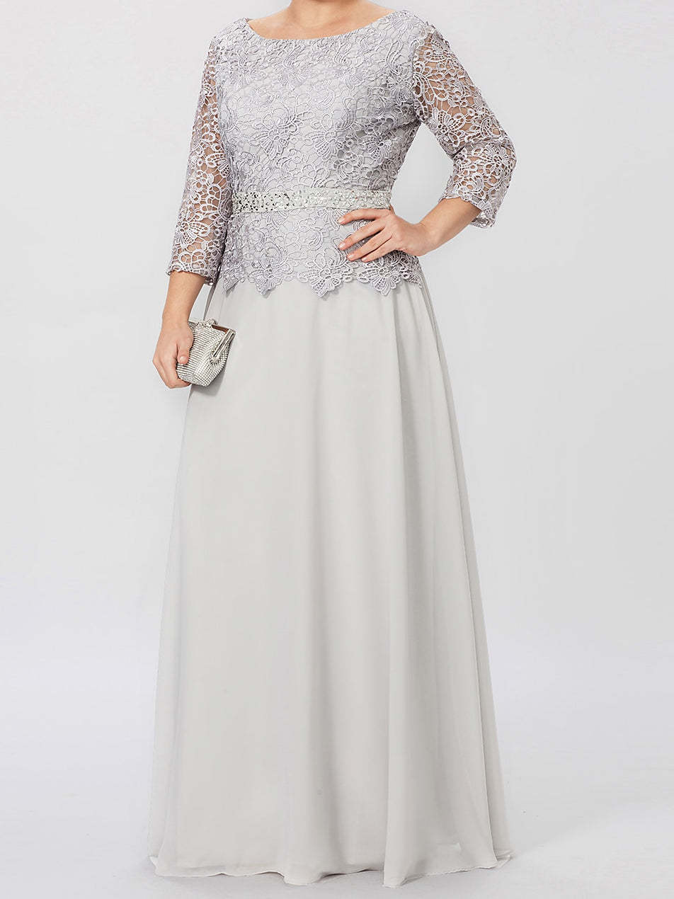 Floor-Length A-Line Princess Gown with Round Neck and 3/4 Sleeves Embellished with Applique & Sequins
