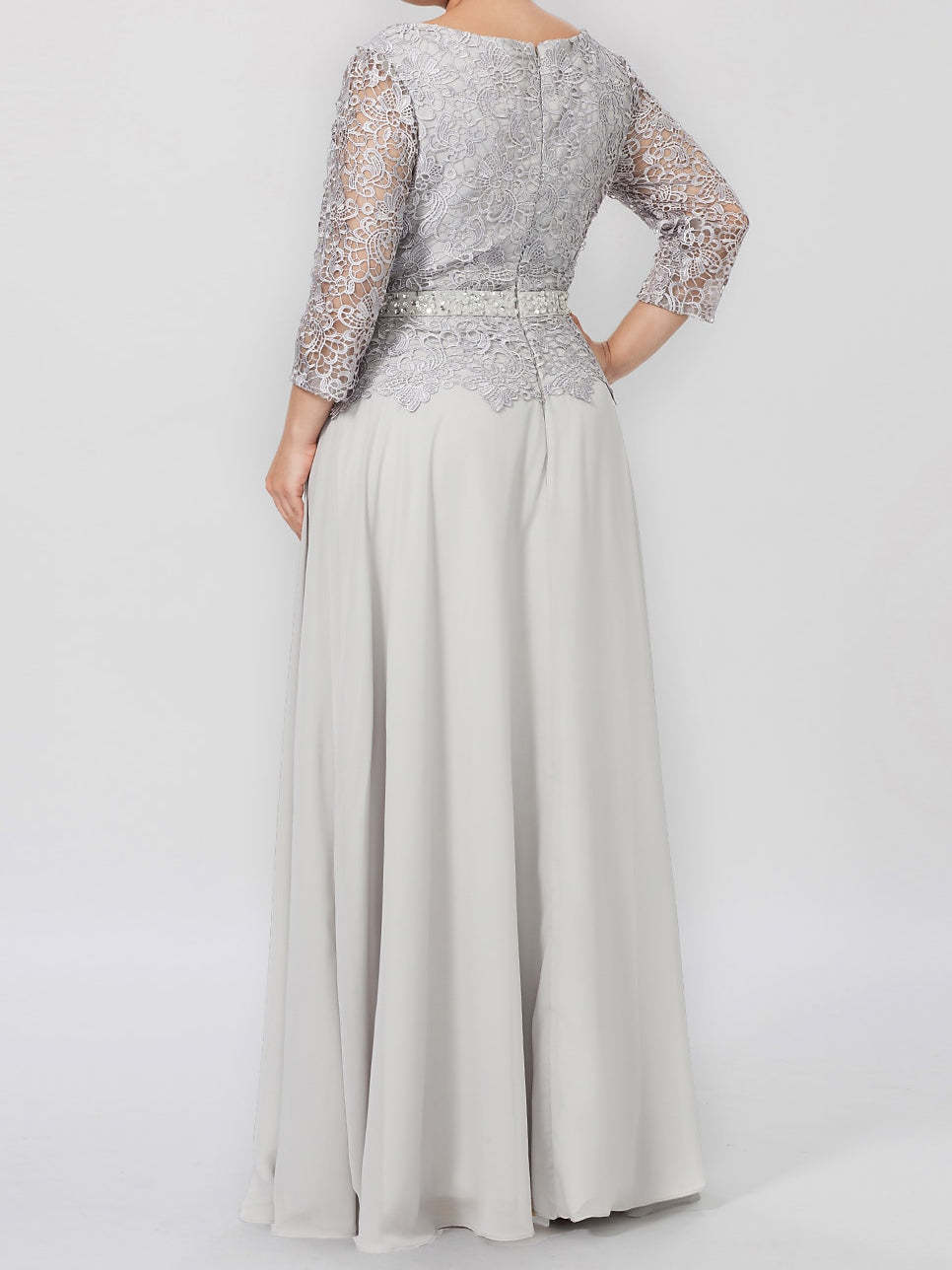 Floor-Length A-Line Princess Gown with Round Neck and 3/4 Sleeves Embellished with Applique & Sequins