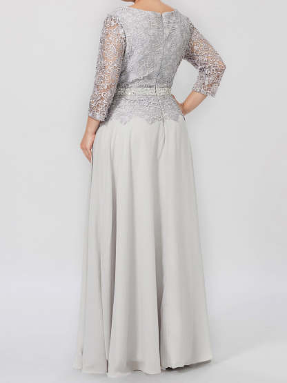 Floor-Length A-Line Princess Gown with Round Neck and 3/4 Sleeves Embellished with Applique & Sequins