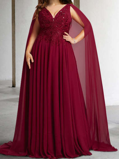 V-Neck A-Line Princess Mother of the Bride Dresses Featuring Applique