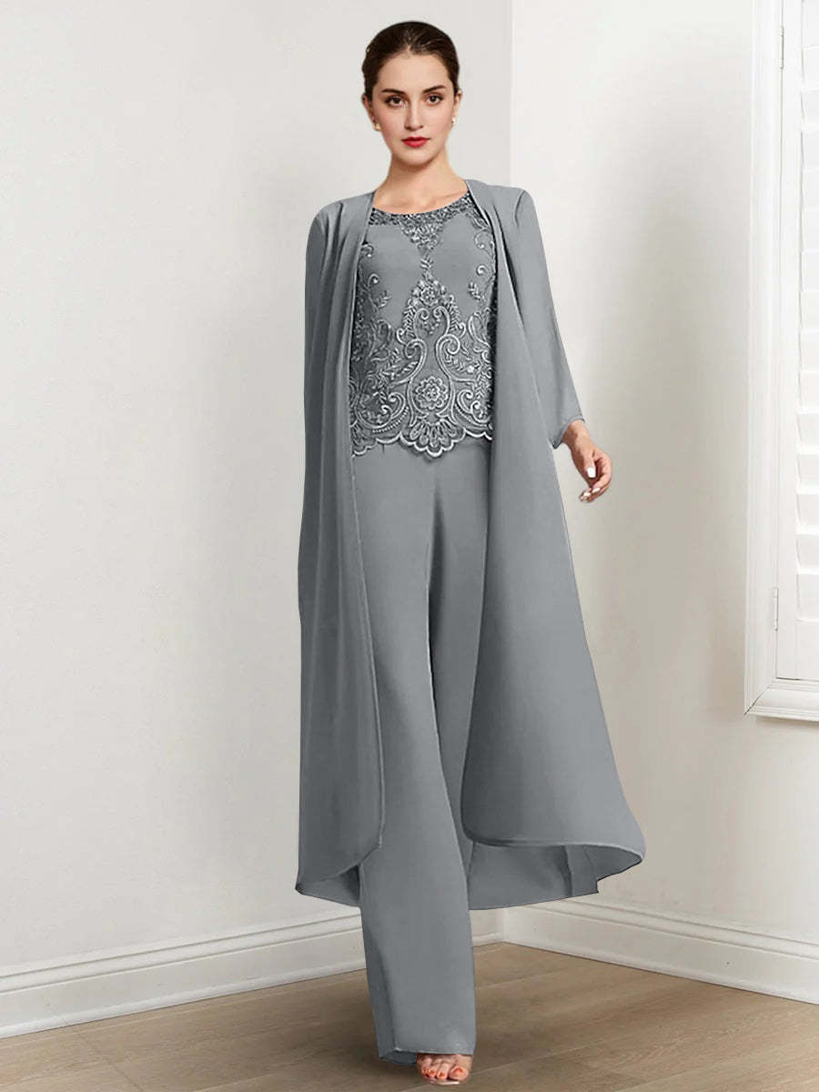 Floor-Length Round Neck Chiffon Pantsuits For The Mother Of The Bride With Jacket And Applique