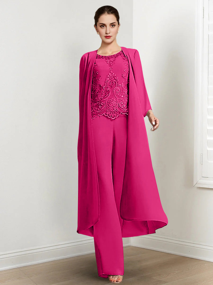 Floor-Length Round Neck Chiffon Pantsuits For The Mother Of The Bride With Jacket And Applique