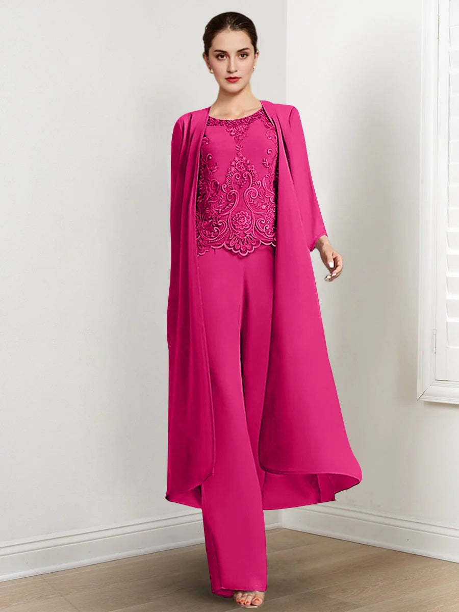 Floor-Length Round Neck Chiffon Pantsuits For The Mother Of The Bride With Jacket And Applique
