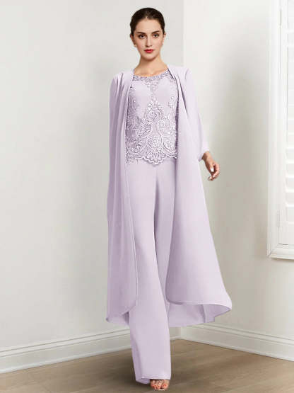 Floor-Length Round Neck Chiffon Pantsuits For The Mother Of The Bride With Jacket And Applique
