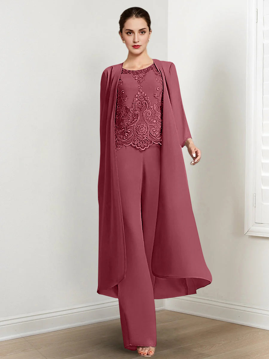 Floor-Length Round Neck Chiffon Pantsuits For The Mother Of The Bride With Jacket And Applique