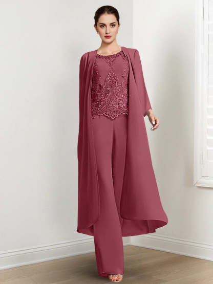 Floor-Length Round Neck Chiffon Pantsuits For The Mother Of The Bride With Jacket And Applique