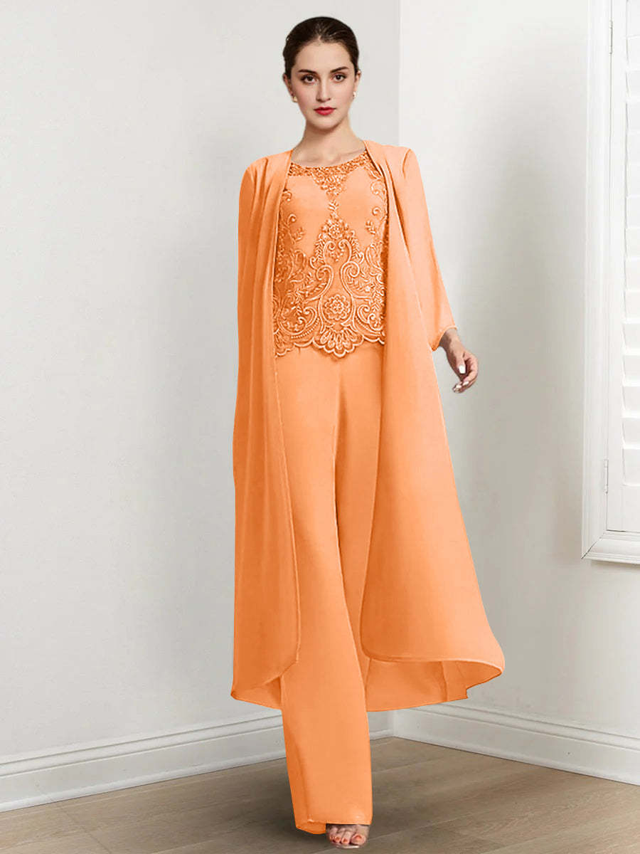 Floor-Length Round Neck Chiffon Pantsuits For The Mother Of The Bride With Jacket And Applique