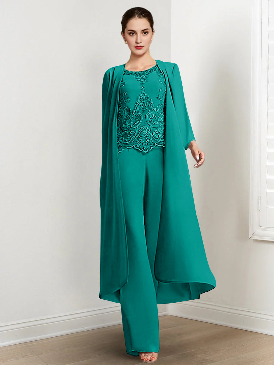 Floor-Length Round Neck Chiffon Pantsuits For The Mother Of The Bride With Jacket And Applique