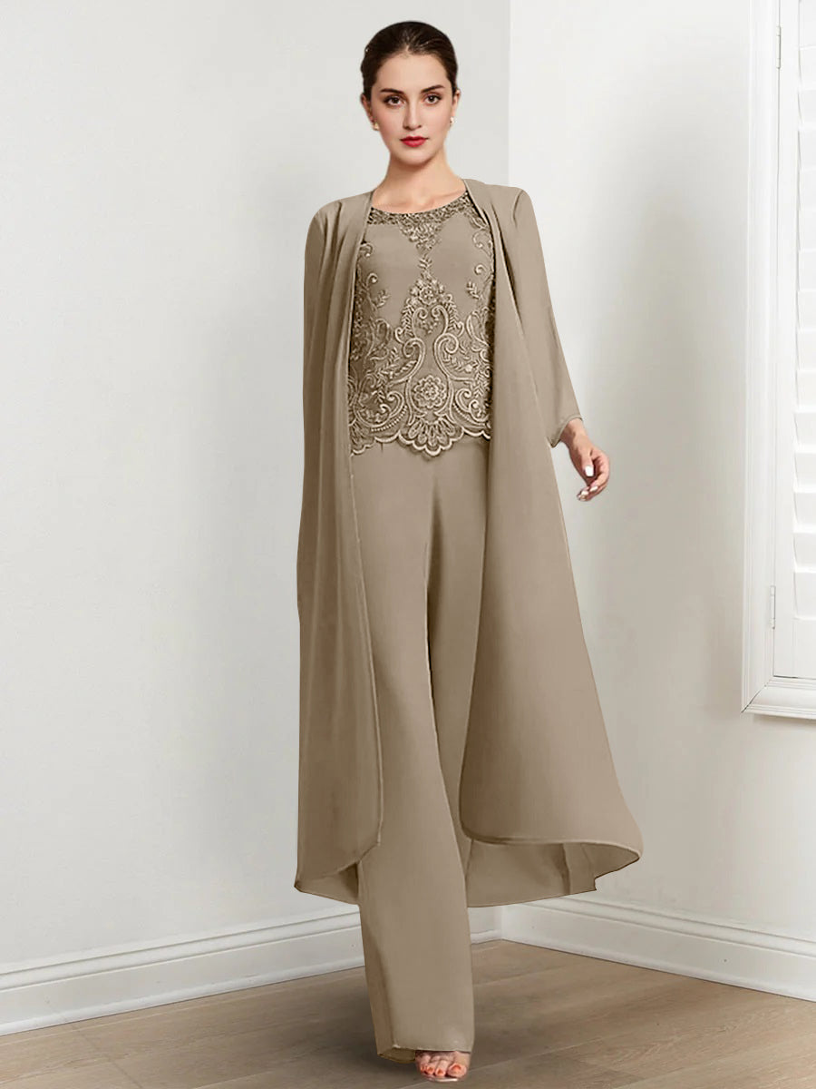 Floor-Length Round Neck Chiffon Pantsuits For The Mother Of The Bride With Jacket And Applique