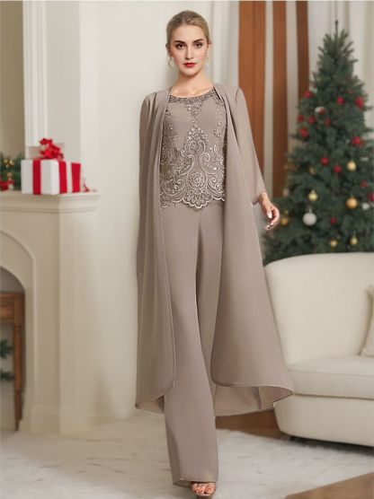 Floor-Length Round Neck Chiffon Pantsuits For The Mother Of The Bride With Jacket And Applique