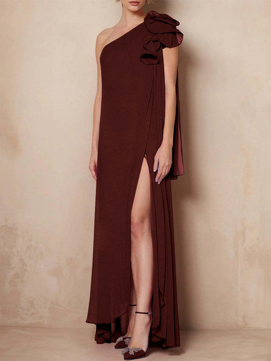 One-Shoulder Sleeveless A-Line Floor-Length Mother of the Bride Dress with Side Split