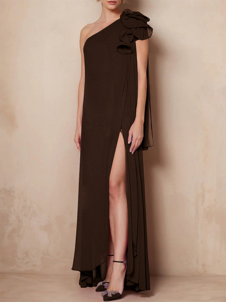 One-Shoulder Sleeveless A-Line Floor-Length Mother of the Bride Dress with Side Split