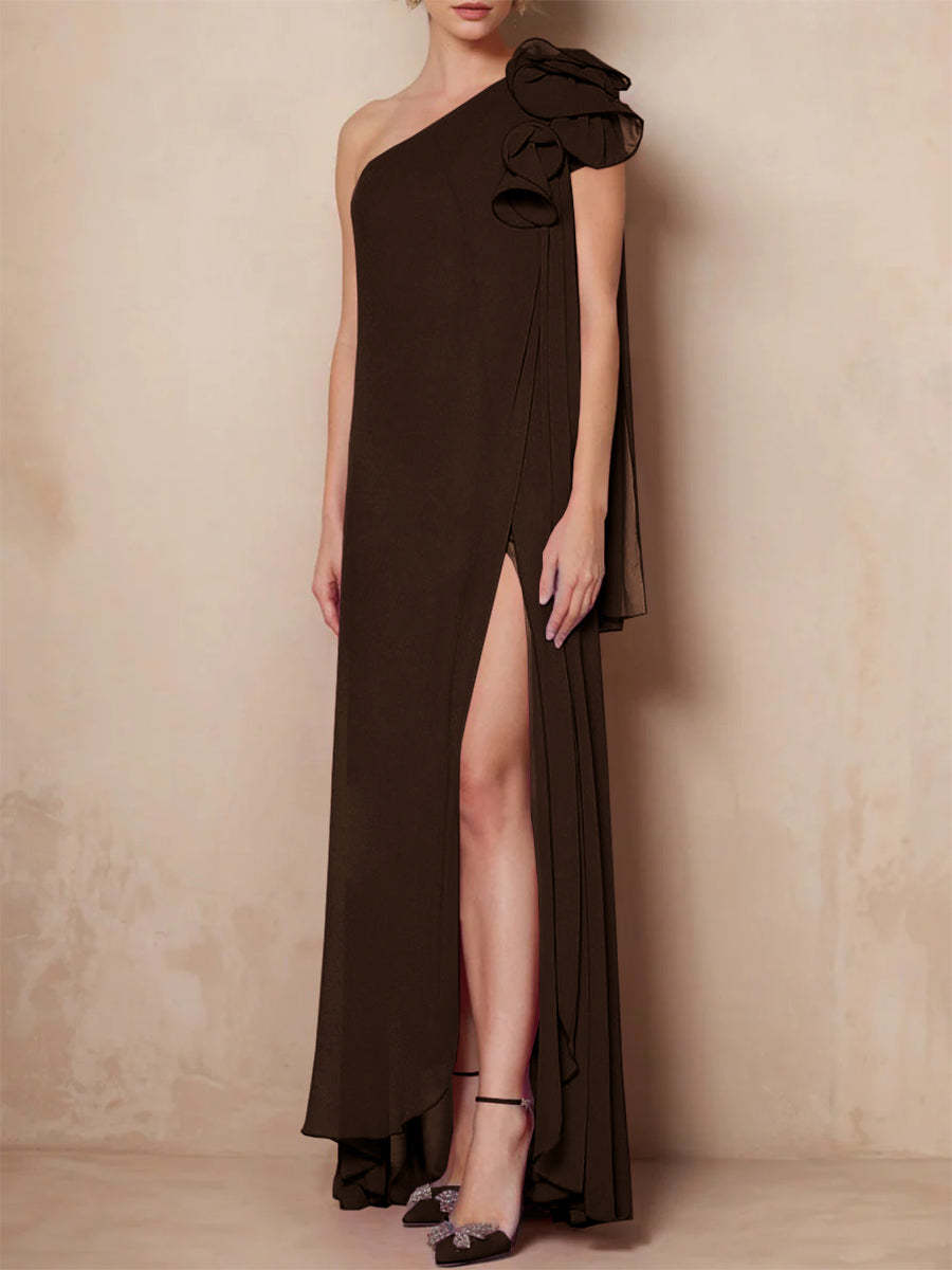 One-Shoulder Sleeveless A-Line Floor-Length Mother of the Bride Dress with Side Split