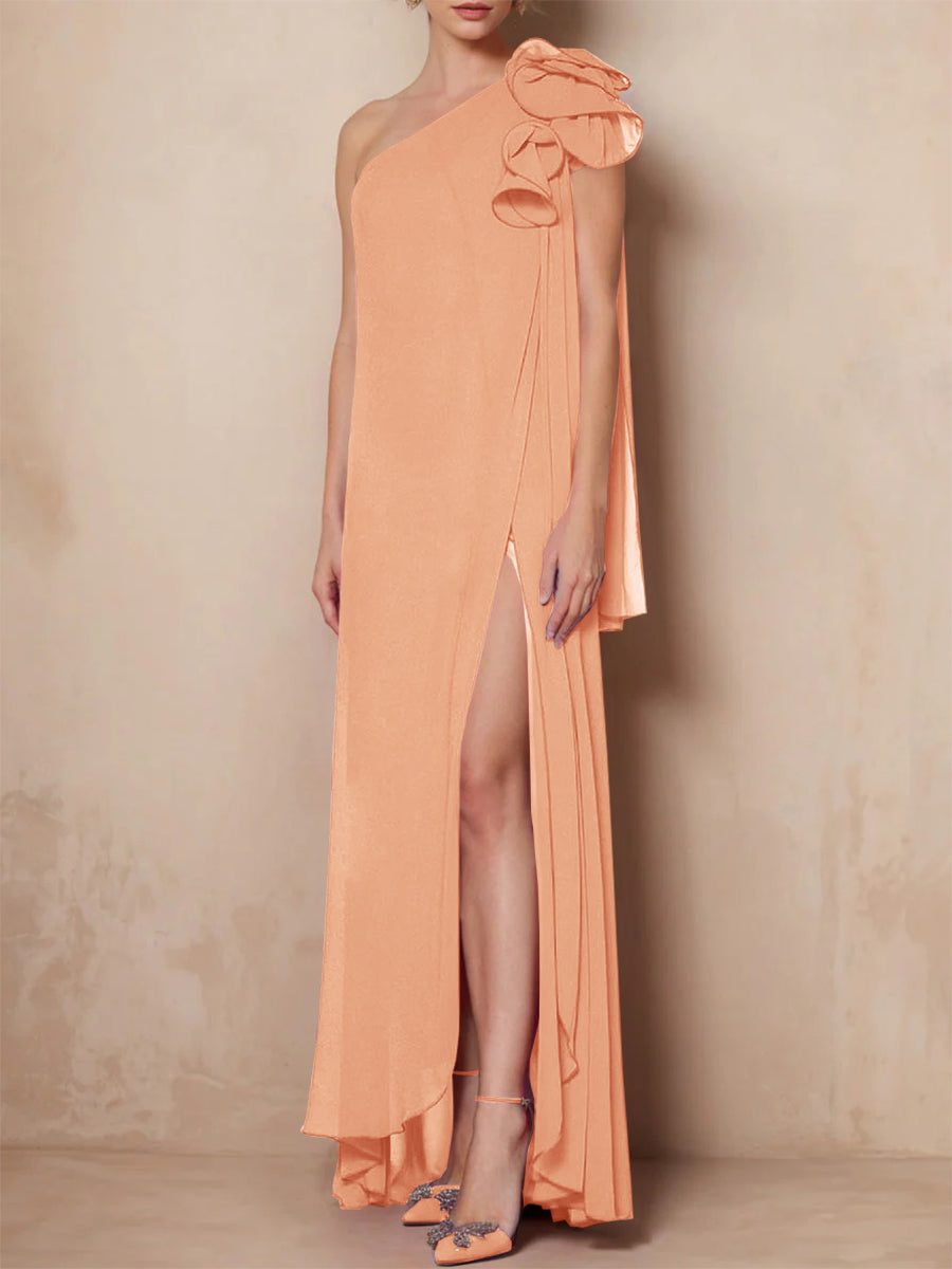 One-Shoulder Sleeveless A-Line Floor-Length Mother of the Bride Dress with Side Split