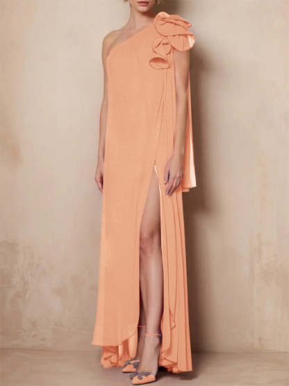 One-Shoulder Sleeveless A-Line Floor-Length Mother of the Bride Dress with Side Split