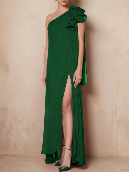One-Shoulder Sleeveless A-Line Floor-Length Mother of the Bride Dress with Side Split