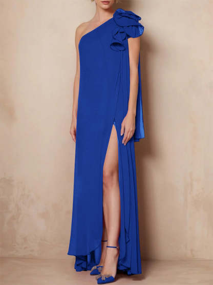 One-Shoulder Sleeveless A-Line Floor-Length Mother of the Bride Dress with Side Split
