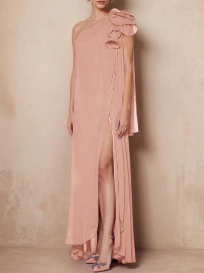 One-Shoulder Sleeveless A-Line Floor-Length Mother of the Bride Dress with Side Split