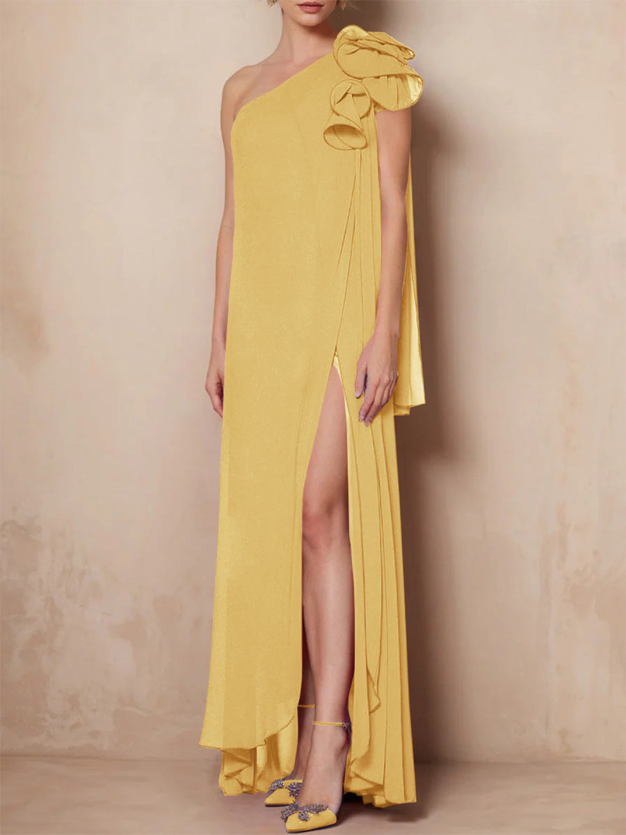 One-Shoulder Sleeveless A-Line Floor-Length Mother of the Bride Dress with Side Split