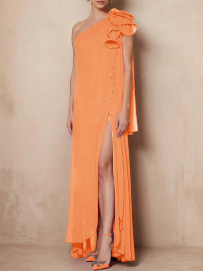 One-Shoulder Sleeveless A-Line Floor-Length Mother of the Bride Dress with Side Split