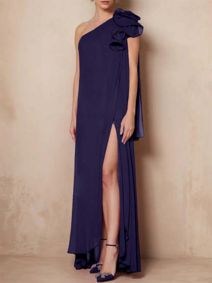 One-Shoulder Sleeveless A-Line Floor-Length Mother of the Bride Dress with Side Split