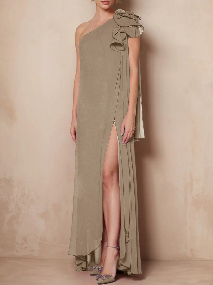 One-Shoulder Sleeveless A-Line Floor-Length Mother of the Bride Dress with Side Split