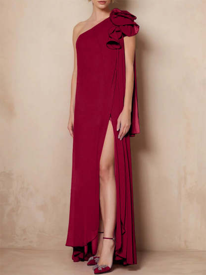 One-Shoulder Sleeveless A-Line Floor-Length Mother of the Bride Dress with Side Split