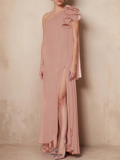 One-Shoulder Sleeveless A-Line Floor-Length Mother of the Bride Dress with Side Split