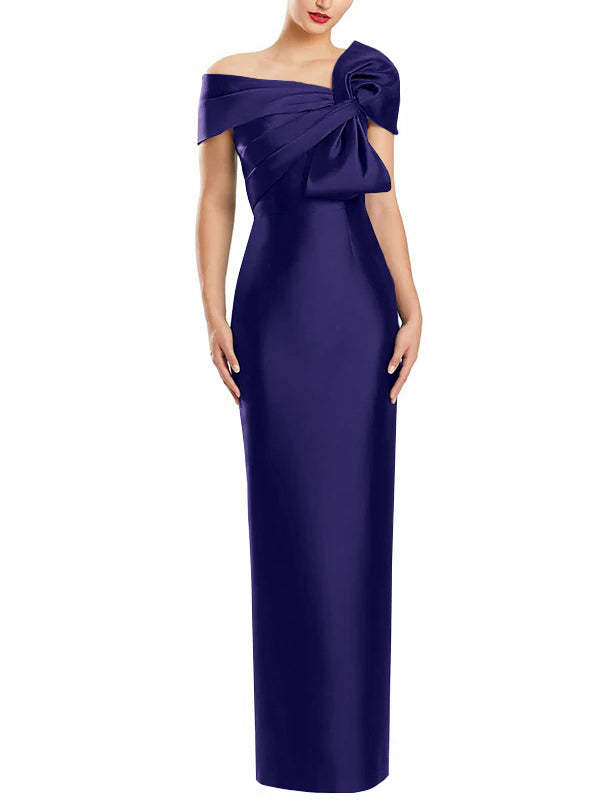 One-Shoulder Floor-Length Mother of the Bride Gown with Bow in Sheath/Column Style
