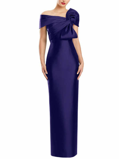 One-Shoulder Floor-Length Mother of the Bride Gown with Bow in Sheath/Column Style