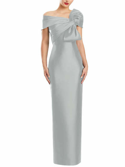 One-Shoulder Floor-Length Mother of the Bride Gown with Bow in Sheath/Column Style