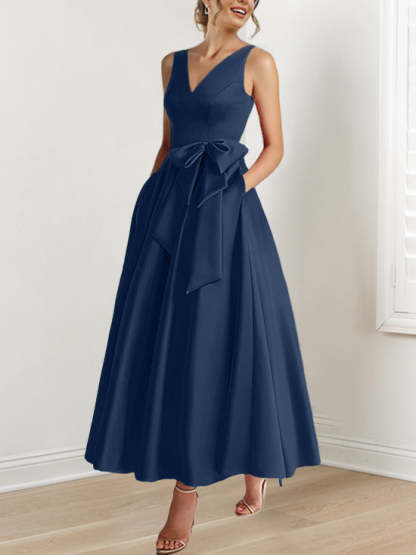 V-Neck Sleeveless A-Line Princess Ankle-Length Mother of the Bride Dress with Ruffles & Pockets