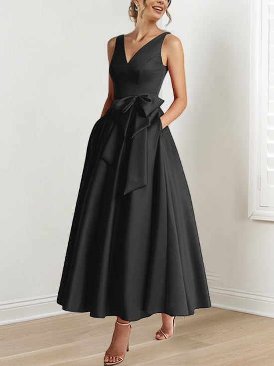 V-Neck Sleeveless A-Line Princess Ankle-Length Mother of the Bride Dress with Ruffles & Pockets