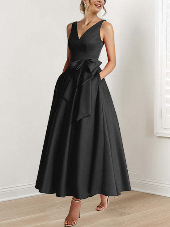 V-Neck Sleeveless A-Line Princess Ankle-Length Mother of the Bride Dress with Ruffles & Pockets