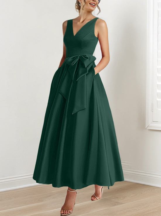 V-Neck Sleeveless A-Line Princess Ankle-Length Mother of the Bride Dress with Ruffles & Pockets