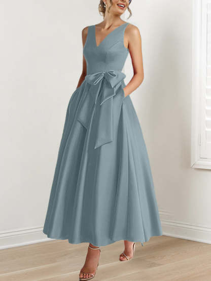 V-Neck Sleeveless A-Line Princess Ankle-Length Mother of the Bride Dress with Ruffles & Pockets