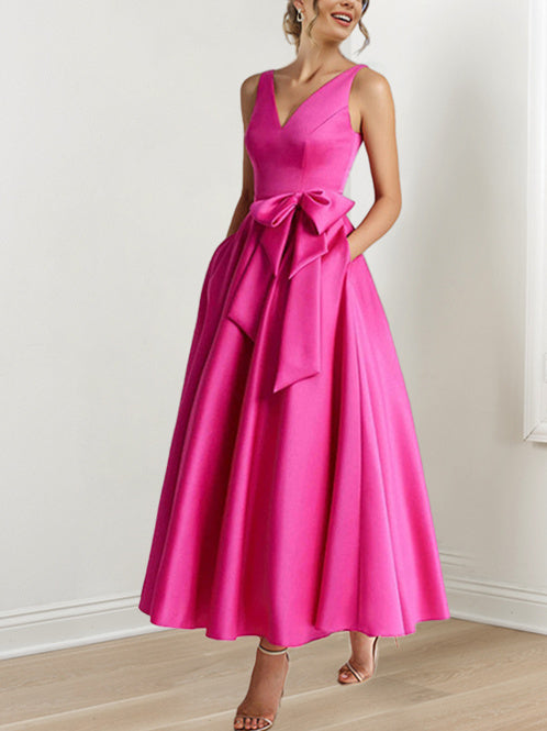 V-Neck Sleeveless A-Line Princess Ankle-Length Mother of the Bride Dress with Ruffles & Pockets