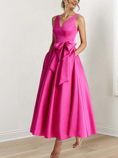 V-Neck Sleeveless A-Line Princess Ankle-Length Mother of the Bride Dress with Ruffles & Pockets