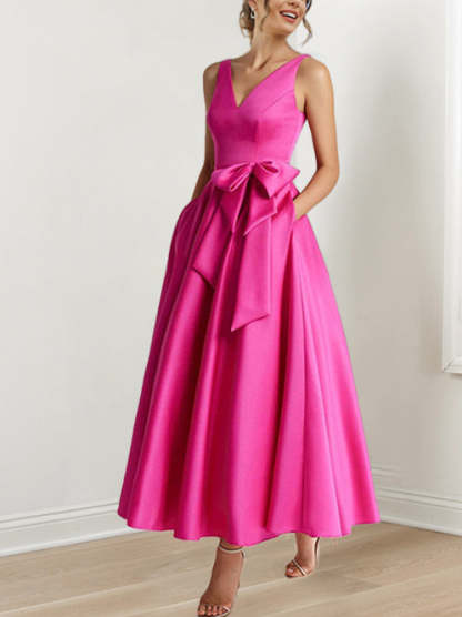 V-Neck Sleeveless A-Line Princess Ankle-Length Mother of the Bride Dress with Ruffles & Pockets