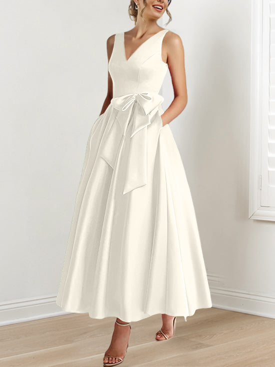 V-Neck Sleeveless A-Line Princess Ankle-Length Mother of the Bride Dress with Ruffles & Pockets