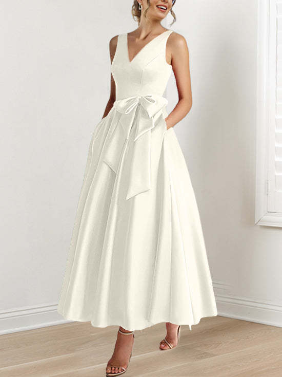 V-Neck Sleeveless A-Line Princess Ankle-Length Mother of the Bride Dress with Ruffles & Pockets
