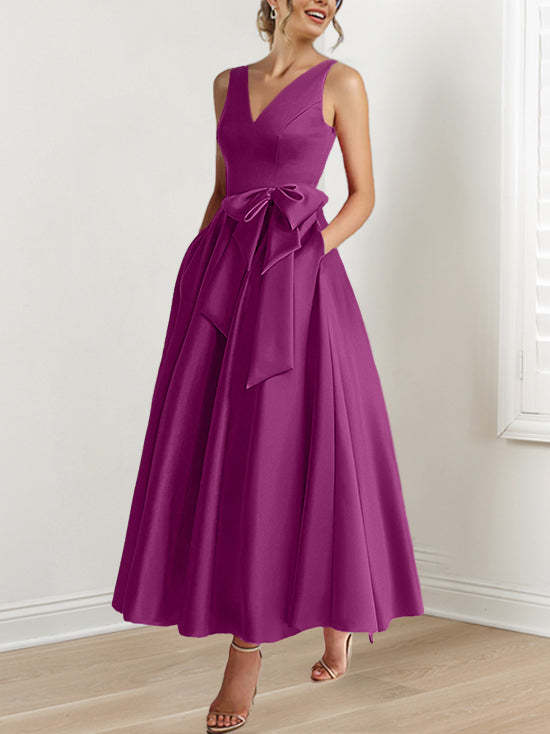 V-Neck Sleeveless A-Line Princess Ankle-Length Mother of the Bride Dress with Ruffles & Pockets